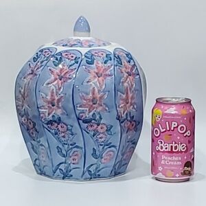 10" Large Chinoiserie Light Blue & White, Pink Floral Temple Ginger Jar w/ Lid
